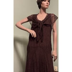 Vintage 1930s Brown Floral Lace Sleeveless Maxi GOWN w/Shawl and Full Silk Slip
